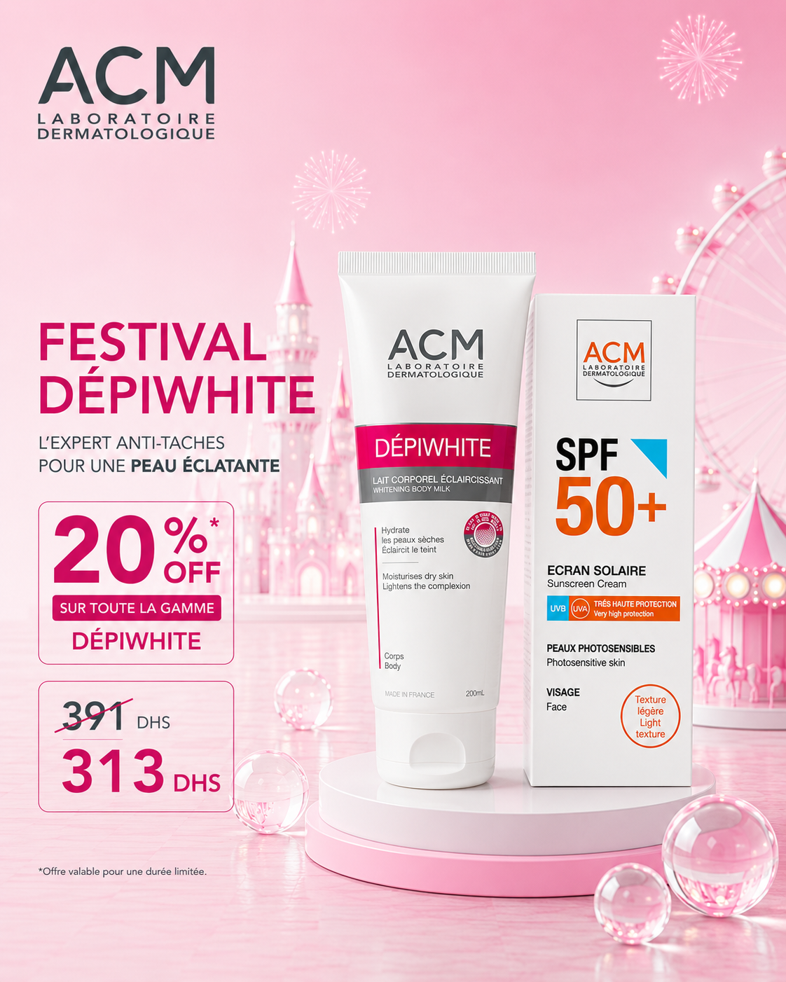 ACM Depiwhite Lait corporel éclaircissant + Crème solaire SPF50+ ACM Depiwhite Lait corporel éclaircissant + Crème solaire SPF50+