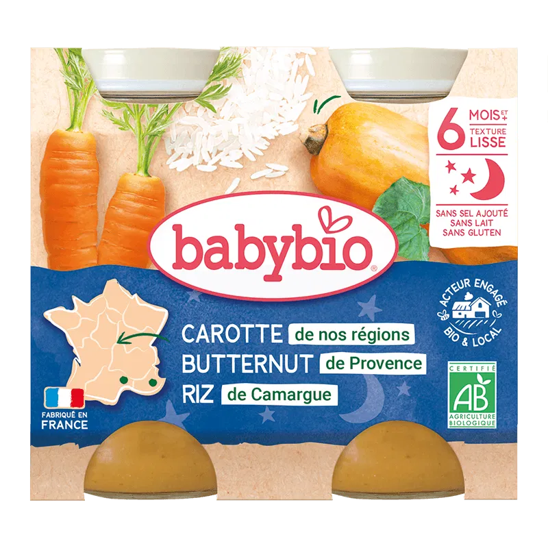 Babybio Bol Bonne Nuit Carotte Courge butternut Riz 2 x 200 g dès 8 mois