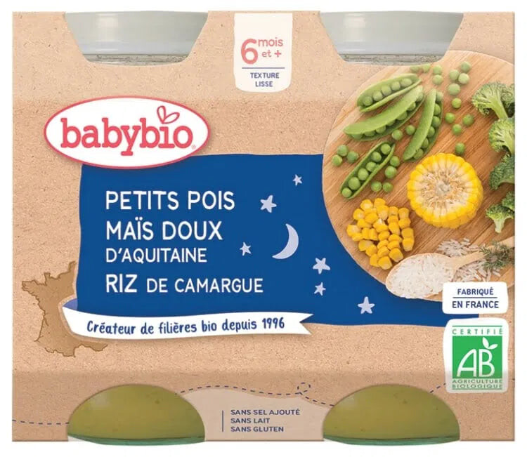 Babybio Bol Bonne Nuit Petits pois Maïs Riz 2 x 200 g dès 8 mois