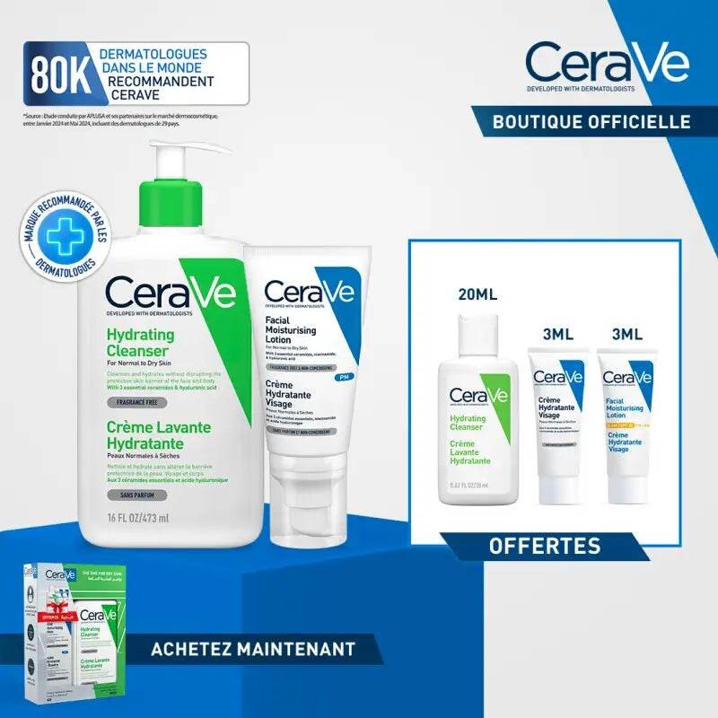 CeraVe Pack Crème lavante hydratante 473 ml + Crème hydratante visage 52 ml + 3 miniatures CeraVe Pack Crème lavante hydratante 473 ml + Crème hydratante visage 52 ml + 3 miniatures
