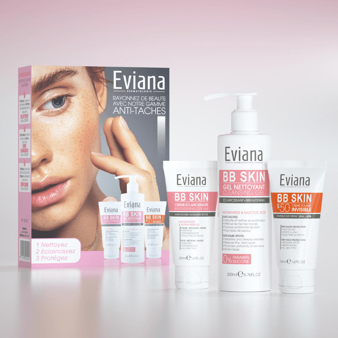 Eviana Pack Crème éclaircissante + Gel nettoyant + Écran invisible Eviana Pack Crème éclaircissante + Gel nettoyant + Écran invisible