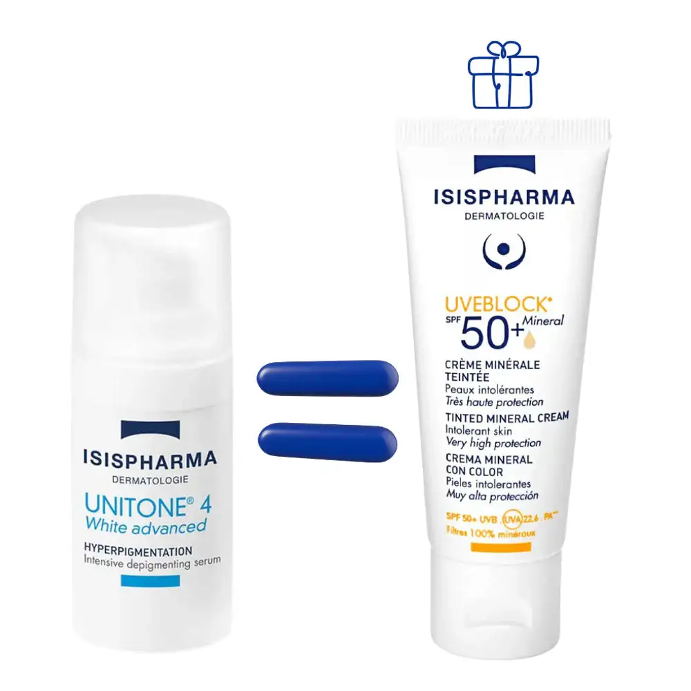 ISISPHARMA Pack Unitone 4 White Advanced + Uveblock Minéral teinté SPF50+ 40 ml ISISPHARMA Pack Unitone 4 White Advanced + Uveblock Minéral teinté SPF50+ 40 ml