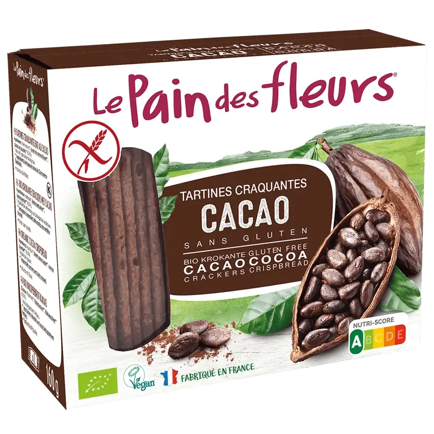 Le Pain des Fleurs Tartines craquantes au cacao bio sans gluten 150 g Le Pain des Fleurs Tartines craquantes au cacao bio sans gluten 150 g