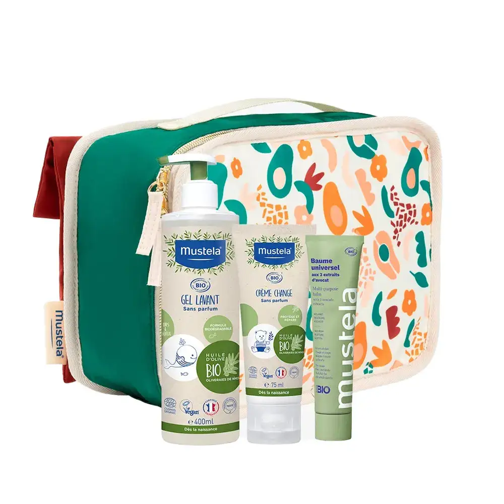 Mustela Bio Pack Gel lavant + Crème pour le change + Baume universel + Trousse Mustela Bio Pack Gel lavant + Crème pour le change + Baume universel + Trousse