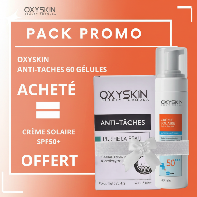 Oxyskin Pack Anti-taches 60 gélules + Écran solaire peau sèche SPF50+ 40 ml