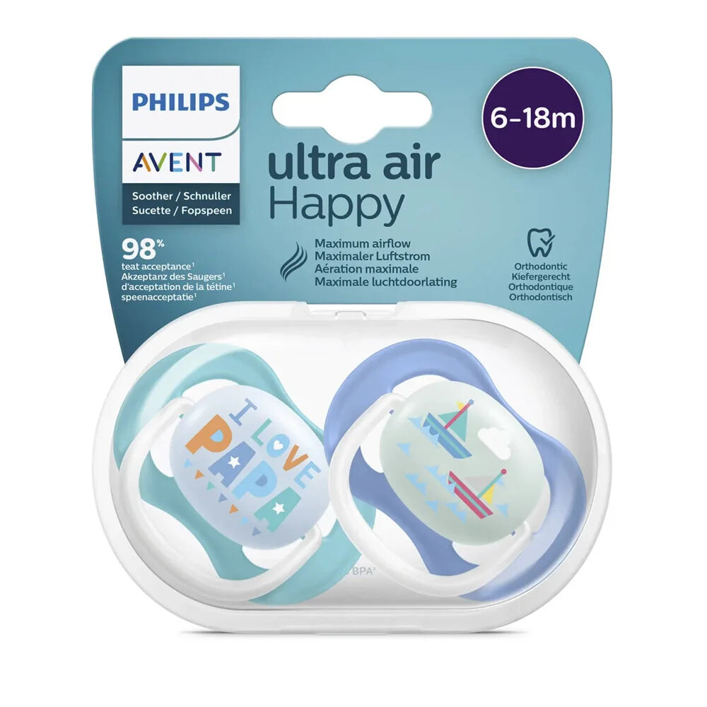 Philips Avent Ultra Air Happy Sucettes orthodontiques 6-18 mois Garçon Lot de 2 Philips Avent Ultra Air Happy Sucettes orthodontiques 6-18 mois Garçon Lot de 2